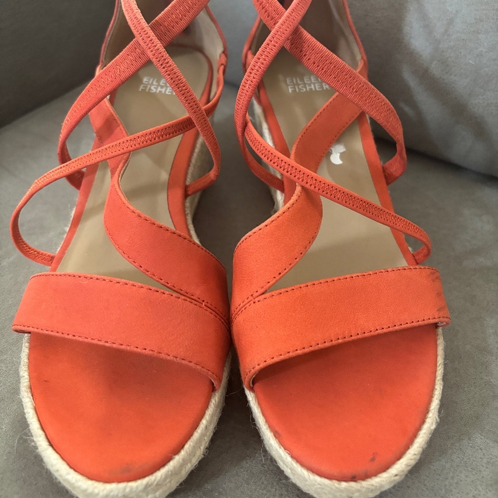 Eileen Fisher Tangelo Wanda Strappy Leather Wedge Sandals Size 8 or 8.5 US